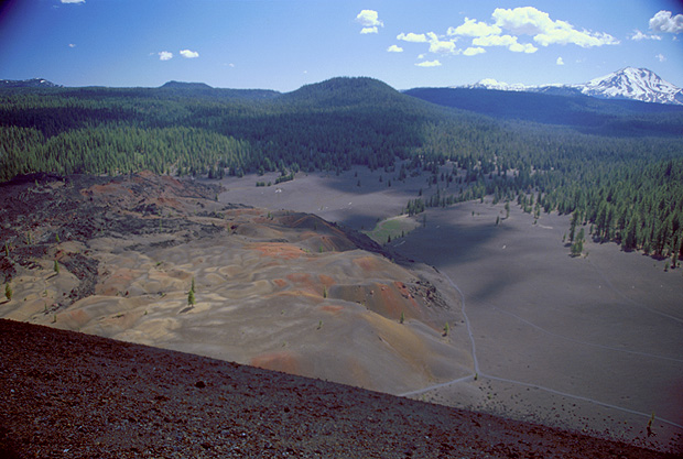 Lassen Peak and Painted Dunes from the rim of crater of the Cinder Cone